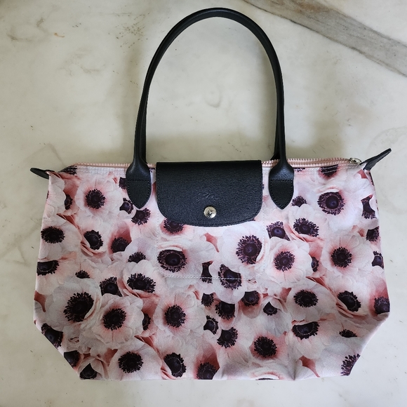 Longchamp Handbags - Longchamp Le Pliage pink anemone floral bag